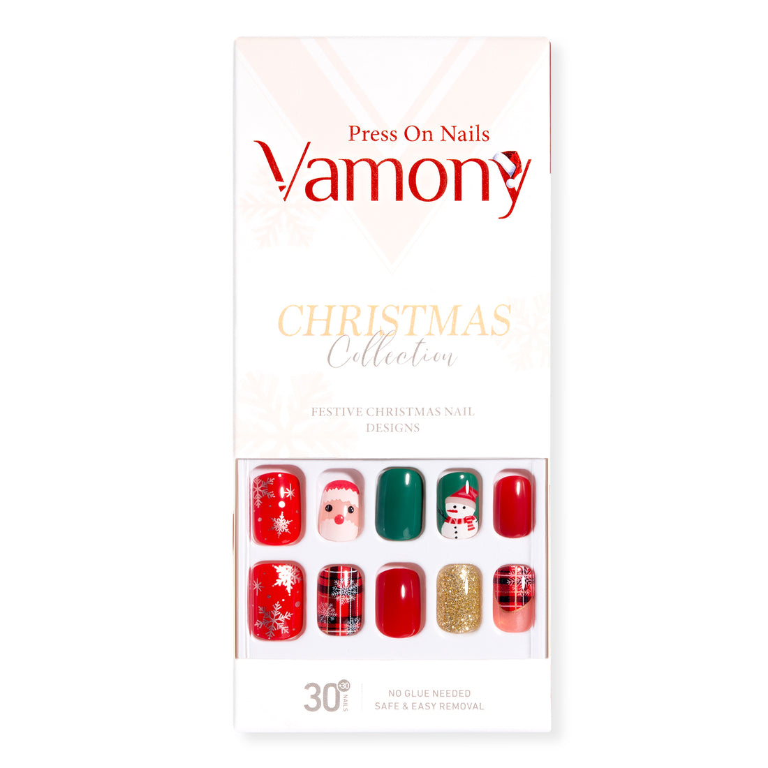 Vamony Short Square Press on Nails, Fake Nail Tips Kit with Adhesive Tabs, Mani Sticks and Files, 30 Count Xmas02 French False Nails Set Gift for Girls Women