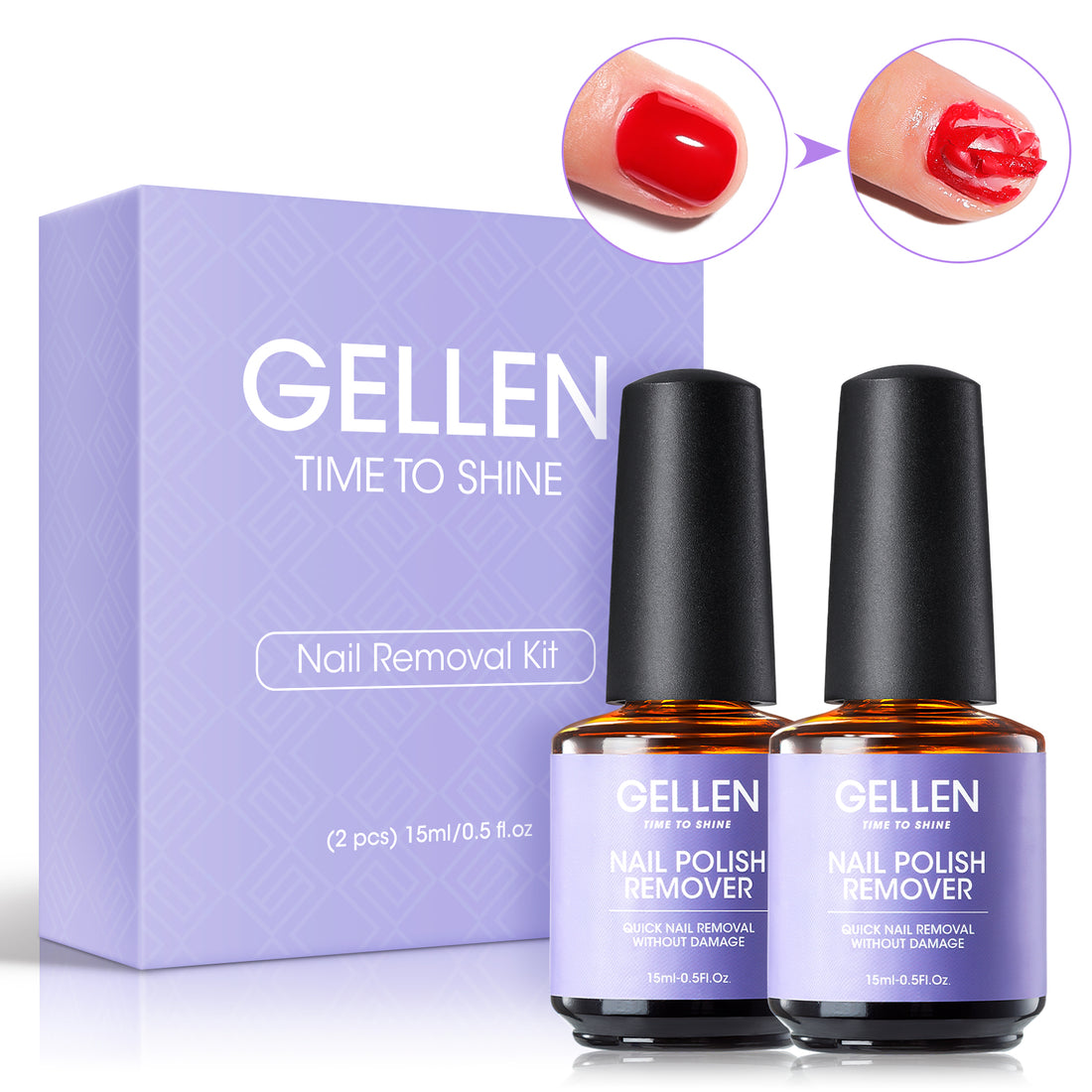 Gellen Gel Nail Polish Remover Kit, Gel Polish Remover for Nails in 3-5 Minutes, Gel Polish Remover for Nails Strengthener Quick Effective Removal, 2Pcs 15ML