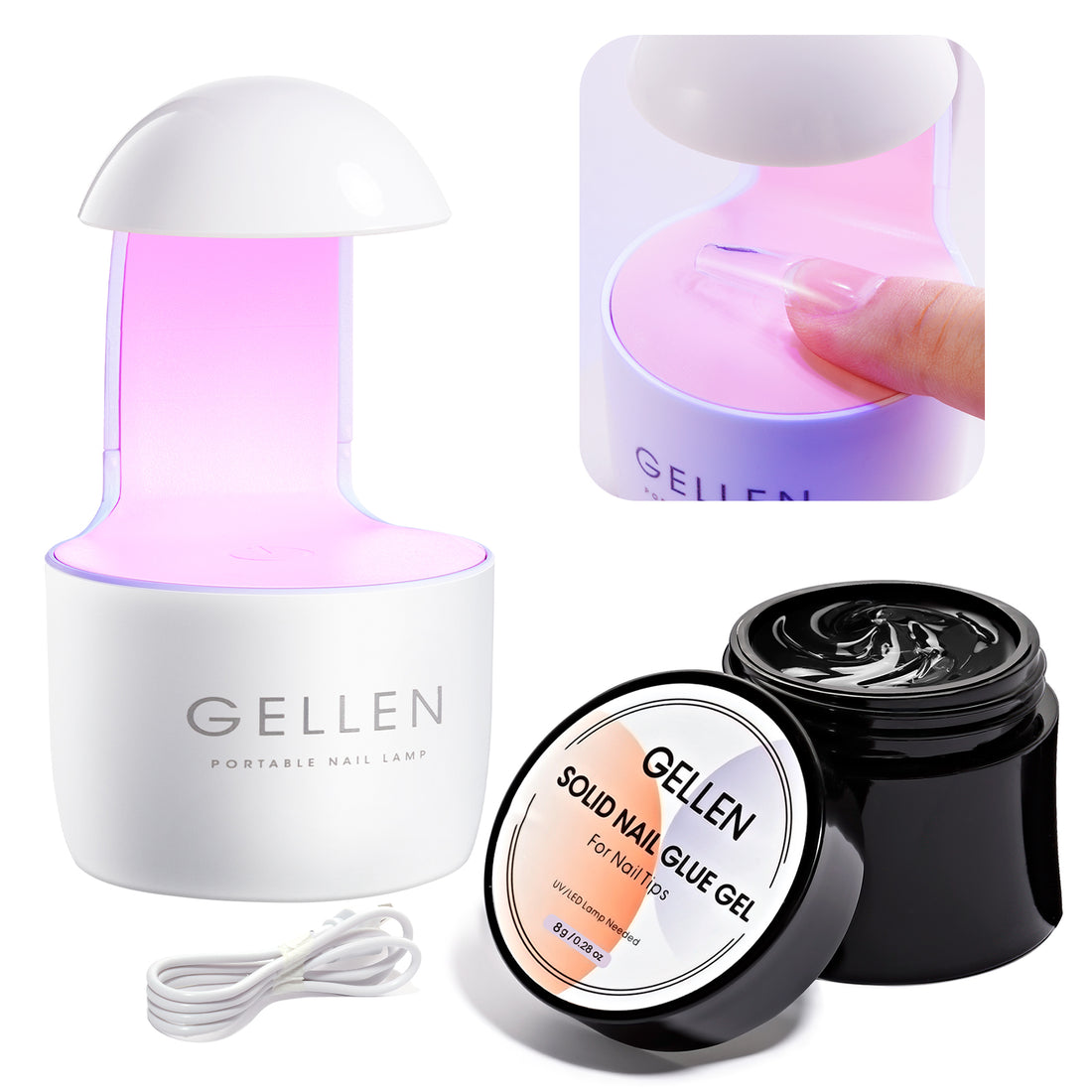 Gellen Solid Nail Glue Gel Kit with Mini Lamp Dryer for Fake Nails, 8g Strong Solid Glue for Salon Nail Art UV/LED 8W Light Cure Nail Prep