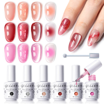 Gellen 6×8ml Gel Nail Polish Kit with Magnet, Natural 4 Effects Cat Eye & Blooming & Shimmer & Nude Gel Polish Set, Soak off Nail Gel At Home Salon Use, Orange Red Pink Series