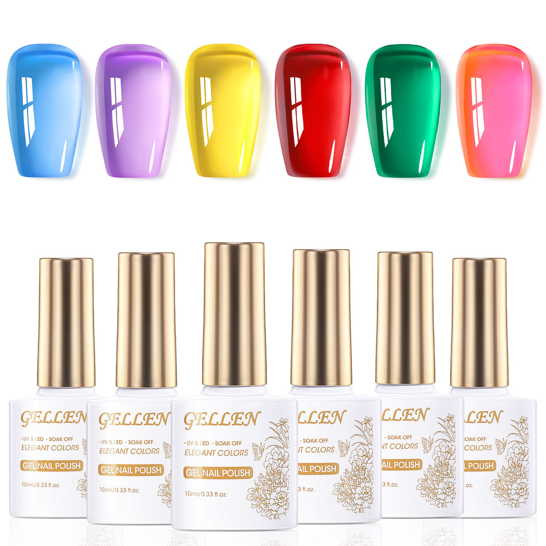 Gellen Gel Nail Polish Kit - 6 Colors Ice Glassy Gel Blue Purple Yellow Red Green Pink Gel Polish Set Soak Off LED Gel Nail Kit Nail Art DIY Manicure Gifts for Her