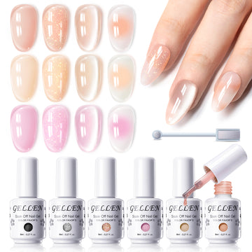 Gellen 6×8ml Gel Nail Polish Kit with Magnet, Natural 4 Effects Cat Eye & Blooming & Shimmer & Nude Gel Polish Set, Soak off Nail Gel At Home Salon Use, Orange Yellow Pink Series