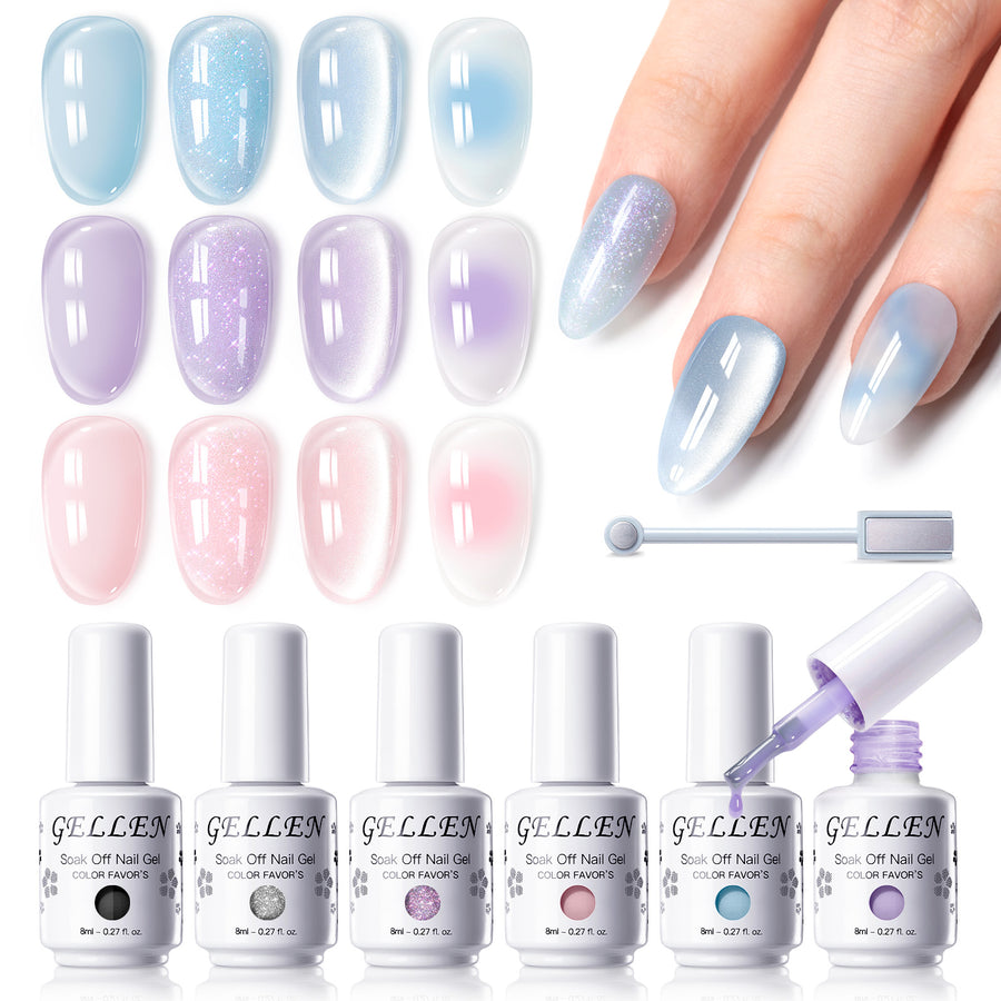 Gellen 6×8ml Gel Nail Polish Kit with Magnet, Natural 4 Effects Cat Eye & Blooming & Shimmer & Nude Gel Polish Set, Soak off Nail Gel At Home Salon Use, Blue Purple Pink Series