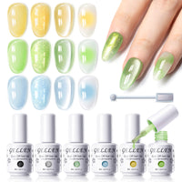 Gellen 6×8ml Gel Nail Polish Kit with Magnet, Natural 4 Effects Cat Eye & Blooming & Shimmer & Nude Gel Polish Set, Soak off Nail Gel At Home Salon Use, Yellow Green Blue Series