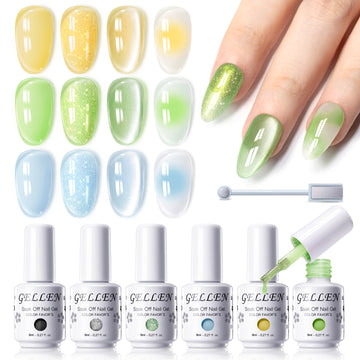 Gellen 6×8ml Gel Nail Polish Kit with Magnet, Natural 4 Effects Cat Eye & Blooming & Shimmer & Nude Gel Polish Set, Soak off Nail Gel At Home Salon Use, Yellow Green Blue Series