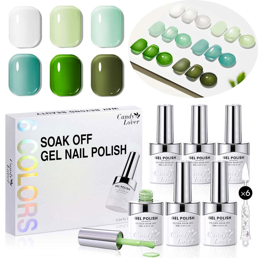 Candy Lover Nail Gel Polish, 6 Colors Water Ripple Green Gel Polish Set, Soak Off UV LED Needed Nail Gel Set, Nail Art Gift for Women DIY Manicure
