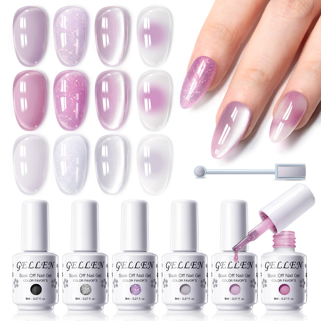 Gellen 6×8ml Gel Nail Polish Kit with Magnet, Natural 4 Effects Cat Eye & Blooming & Shimmer & Nude Gel Polish Set, Soak off Nail Gel At Home Salon Use, Plum White Series