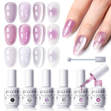 Gellen 6×8ml Gel Nail Polish Kit with Magnet, Natural 4 Effects Cat Eye & Blooming & Shimmer & Nude Gel Polish Set, Soak off Nail Gel At Home Salon Use, Plum White Series