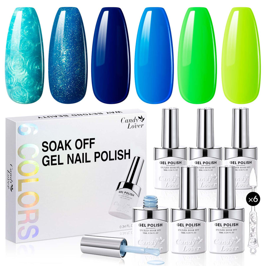 Candy Lover Nail Gel Polish, 6 Colors Ocean Blue Starry Sky Blue Gel Polish Set, Soak Off UV LED Needed Nail Gel Set, Nail Art Gift for Women DIY Manicure
