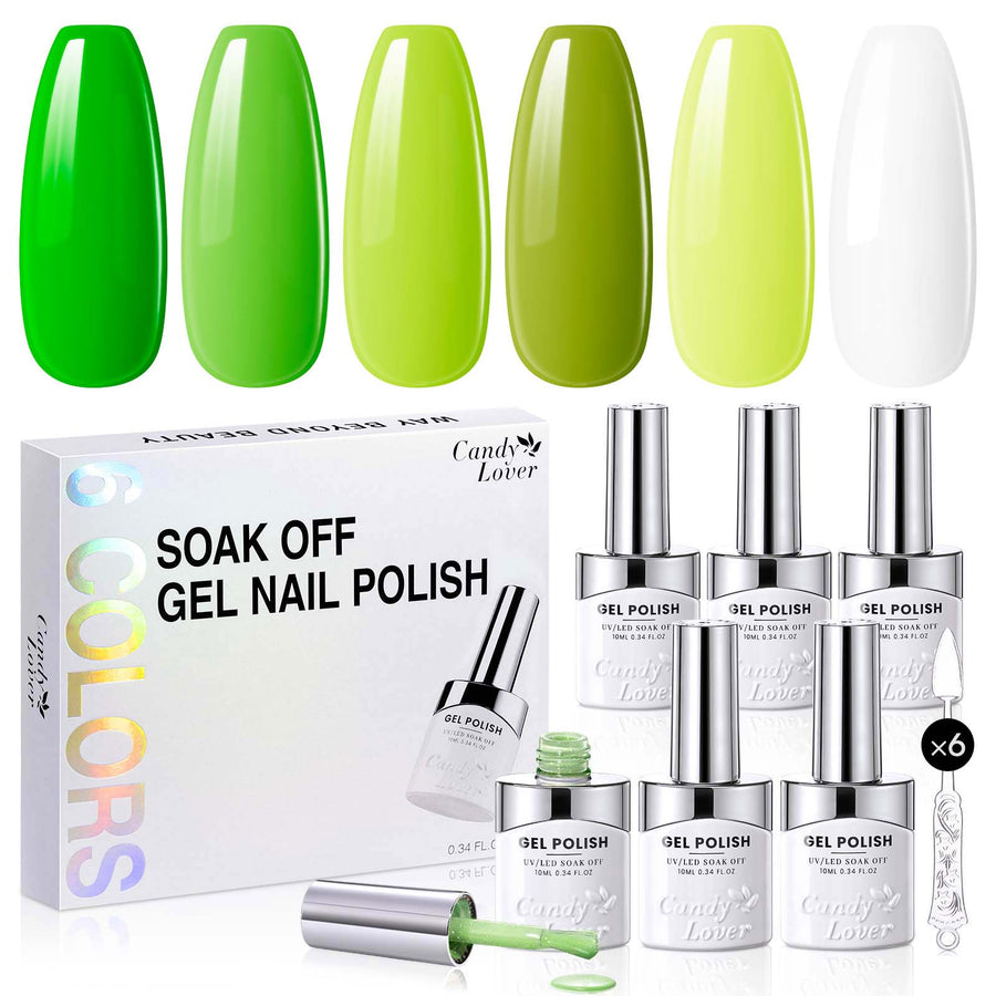 Candy Lover Nail Gel Polish, 6 Colors Summer Refresh Green Gel Polish Set, Soak Off UV LED Needed Nail Gel Set, Nail Art Gift for Women DIY Manicure