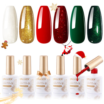 Gellen Gel Nail Polish Set, 6 Colors Sparkle Green Glitter Red Silver Gold Christmas Red and Emerald Green Gel Polish Nail Art Gifts for Women