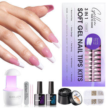 Gellen French Tips Gel Nail Kit - 240 Pcs Pink Medium Coffin, Salon Acrylic Nail Kits Including Gel Top Coat and Base Coat, UV Lamp, Solid Nail Glue Gel, Nail Charms for French Tip Manicure