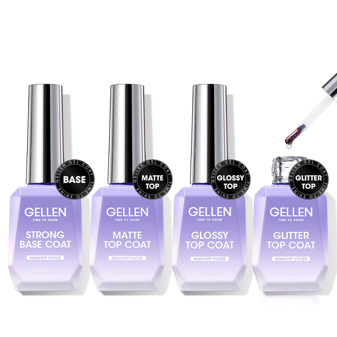 Gellen Gel Base and Top Coat Set, 4Pcs 18ML No Wipe Matte Glossy Glitter Gel Top Coat, Clear UV Base Coat Gel Nail Polish, Soak Off Nail Lamp Gel Base Top Coat Nail Art Home Manicure