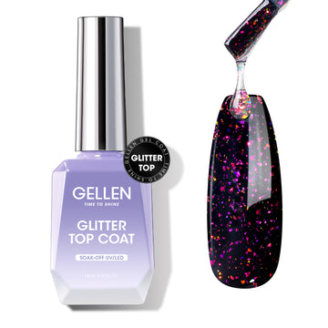 Gellen Glitter Gel Top Coat, 18ML No Wipe Glitter Gel Top Coat, Clear UV Top Coat Gel Nail Polish, Soak Off Nail Lamp Gel Base Top Coat Nail Art Home Manicure