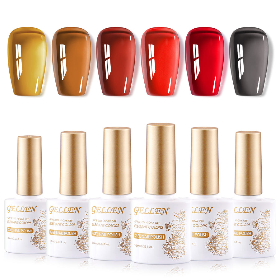 Gellen Gel Polish - 6 Colors Glassy Gel Sheer Red Grey Leaf Yellow Amber Brown Burgundy Gel Polish Set Soak Off UV Cure DIY Nail Art Gifts for Christmas
