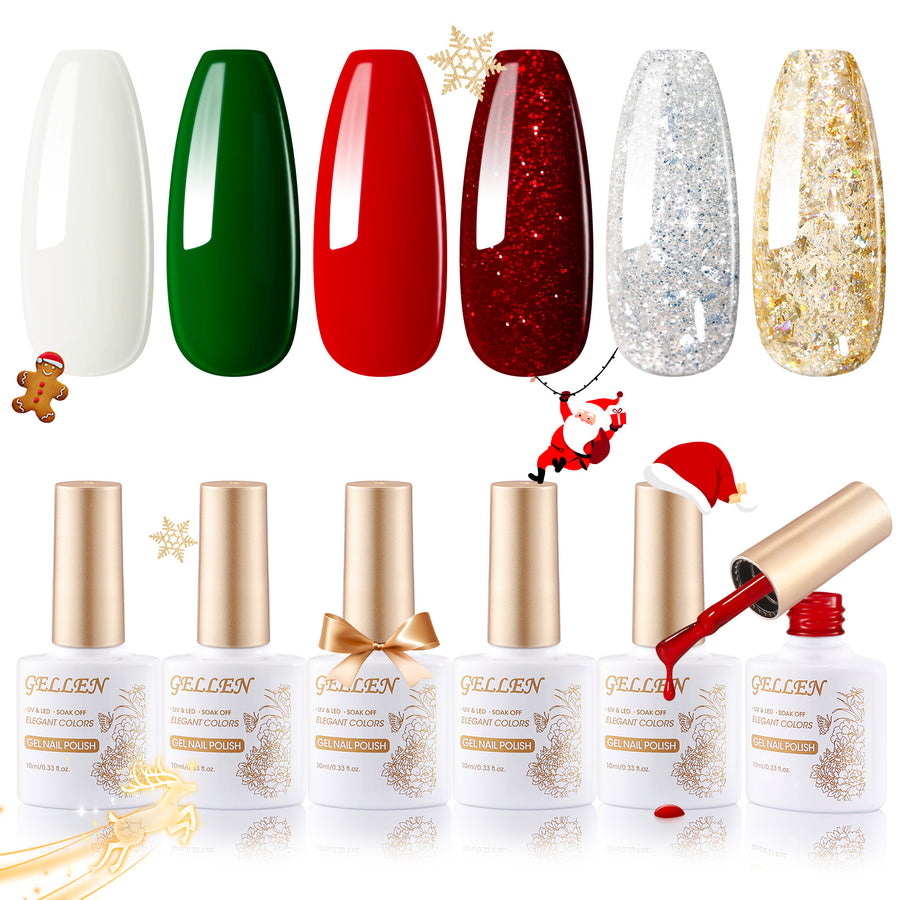 Gellen Gel Nail Polish Set, 6 Colors Christmas Gel Polish Kit Snow White Green Glitter Gold Silver Christmas Red Glitter Red Gel Polish Nail Art Gifts for Women