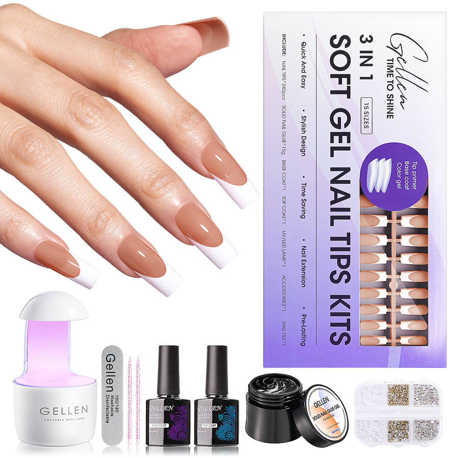 Gellen French Tips Gel Nail Kit - 240 Pcs Brown Long Square, Salon Acrylic Nail Kits Including Gel Top Coat and Base Coat, UV Lamp, Solid Nail Glue Gel, Nail Charms for French Tip Manicure