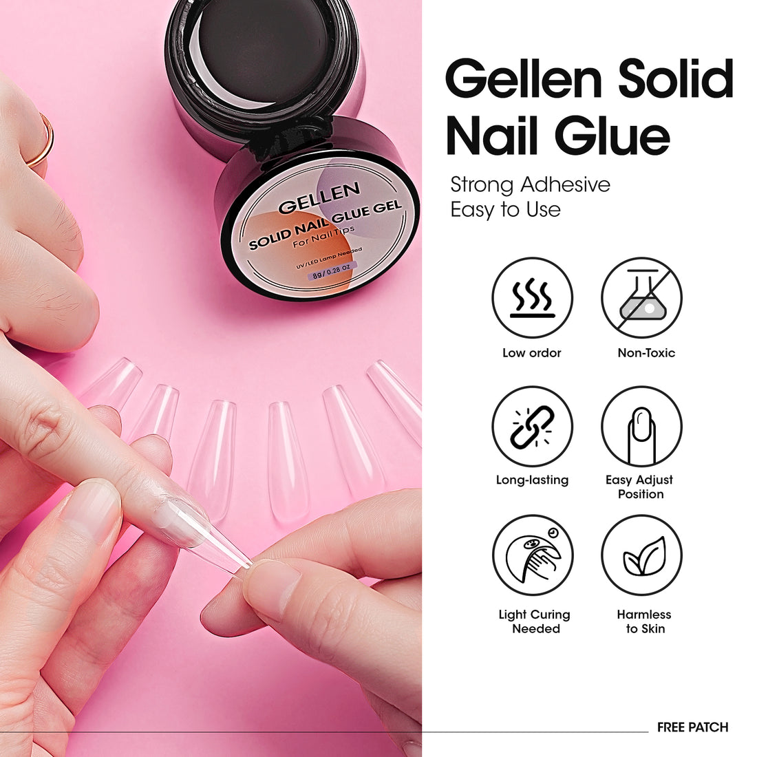 Gellen 8g Solid Nail Glue Gel Kit with 8W UV Mini Light Dryer for Fake Nails, Strong Solid Glue for Salon Nail Art UV/LED Cure Nail Prep