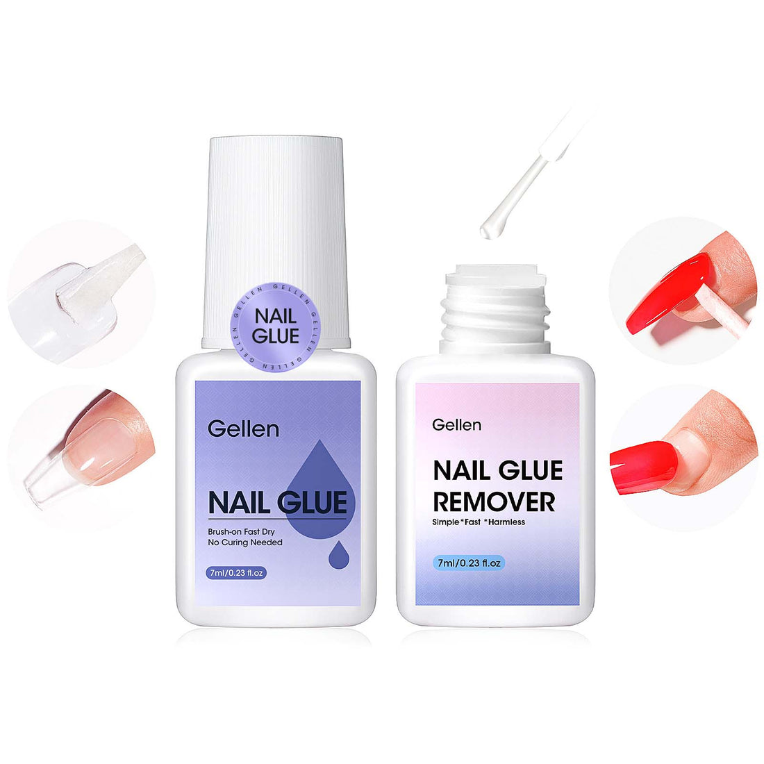 Gellen Nail Glue for Press on Nails with Nail Glue Remover, Air Dry Nail Glue and Acrylic Nail Glue Remover Set for Fake Nail Tips, 0.23 fl oz Each