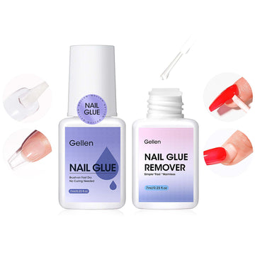 Gellen Nail Glue for Press on Nails with Nail Glue Remover, Air Dry Nail Glue and Acrylic Nail Glue Remover Set for Fake Nail Tips, 0.23 fl oz Each