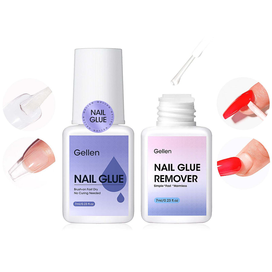 Gellen Nail Glue for Press on Nails with Nail Glue Remover, Air Dry Nail Glue and Acrylic Nail Glue Remover Set for Fake Nail Tips, 0.23 fl oz Each