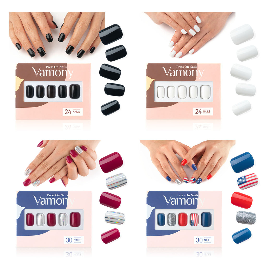 Vamony Press on Nails, 108 Pcs Short Square 4th of July Colors Finger False Nails, Press on Nails Kit with Adhesive Tabs, Mani Sticks and Files, Artificial Nails for Girls Women, 4 Packs Fake Nails