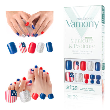 Vamony Press on Nails, 56 Pcs Short Square Toe Finger False Nails Set, Artificial Nails for Girls Women, US Flag Colors White Red Blue Fake Nails, Full Cover False Nails Gift