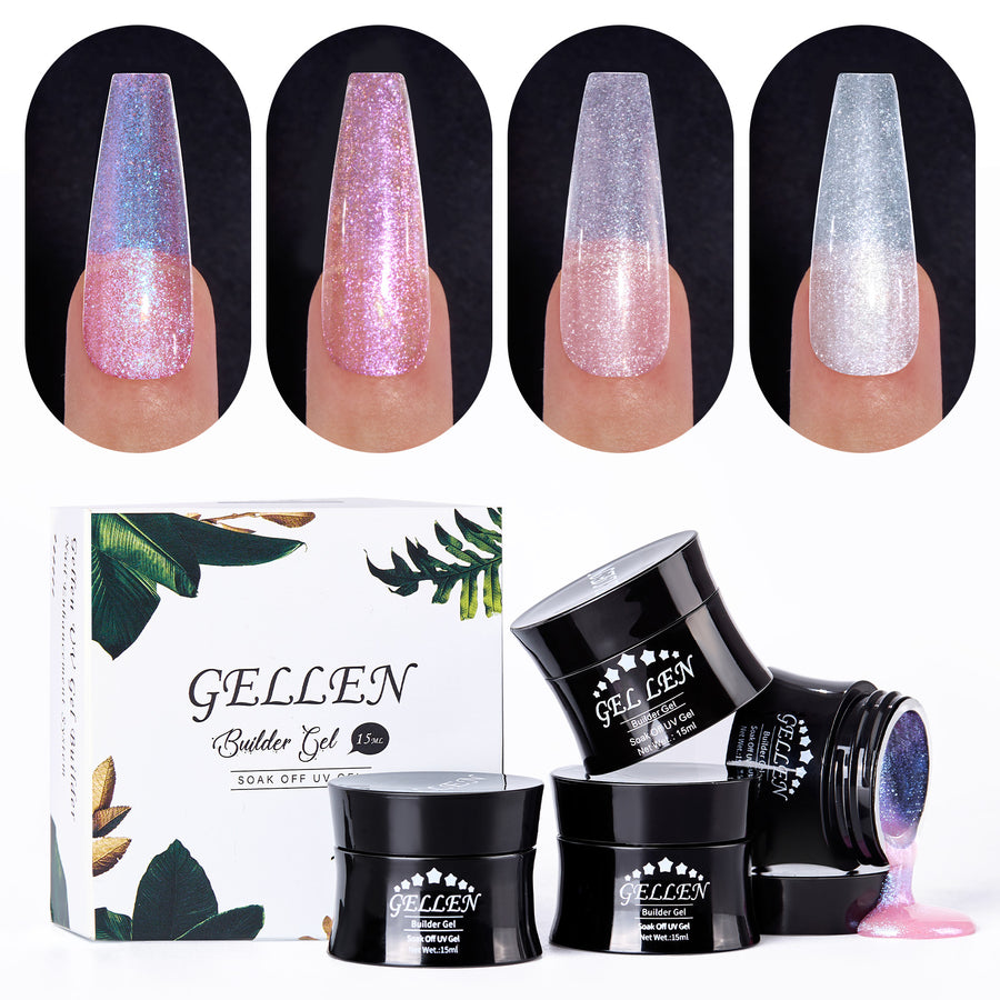 Gellen Builder Nail Gel, 4 Colors Nail Extension Gel Set Sheer Shimmer Hard Gel Builder Nail Extension for Nail Art