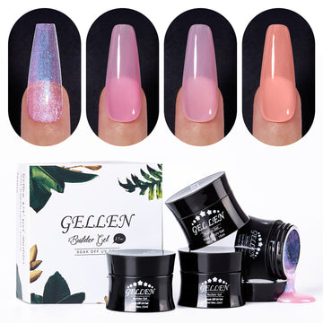 Gellen Builder Nail Gel, 4 Colors Nail Extension Gel Set Shimmer, Pink, Light Pink, Orange Hard Gel Builder Nail Extension for Nail Art