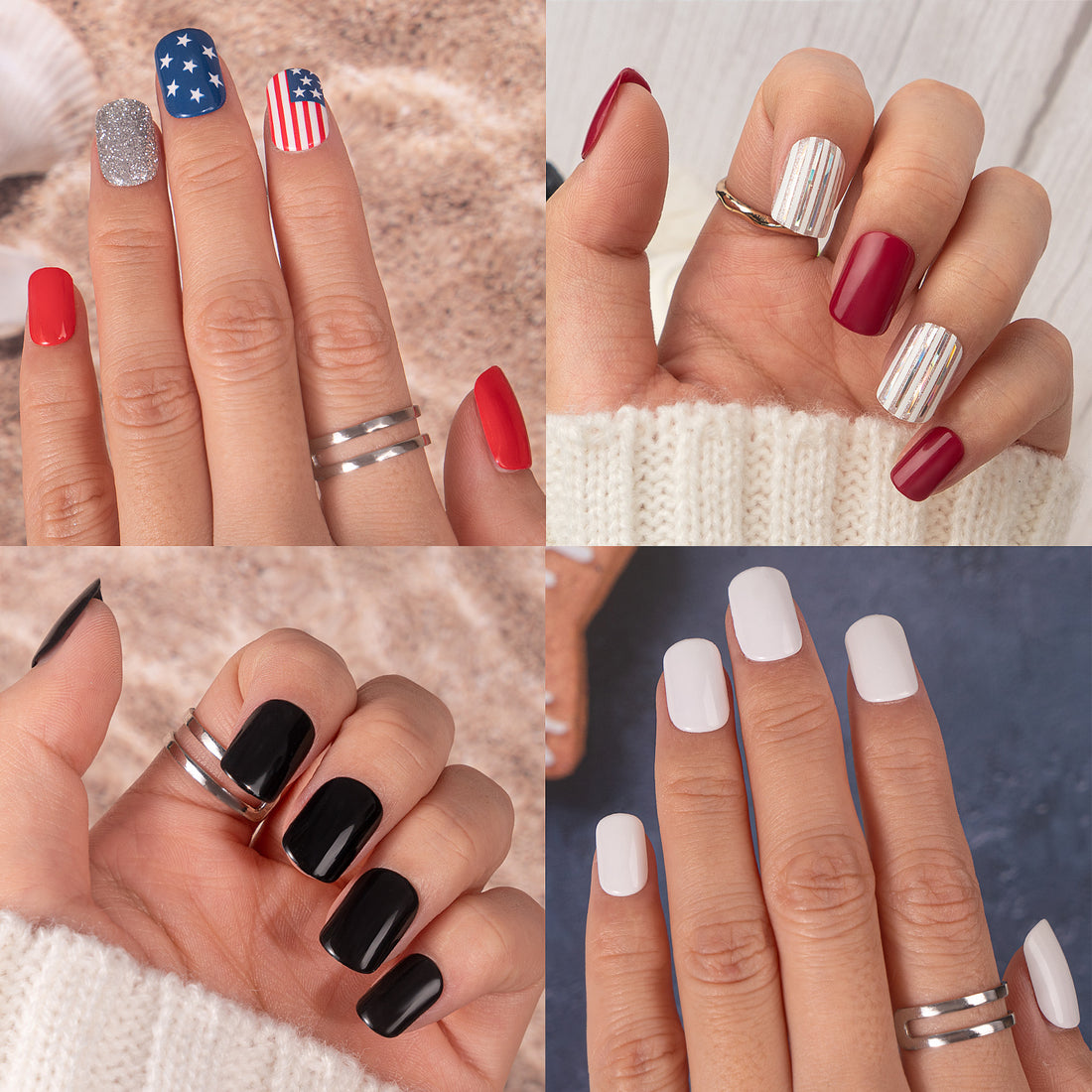 Vamony Press on Nails, 108 Pcs Short Square 4th of July Colors Finger False Nails, Press on Nails Kit with Adhesive Tabs, Mani Sticks and Files, Artificial Nails for Girls Women, 4 Packs Fake Nails