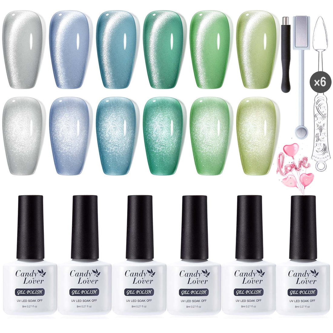 Candy Lover Cat Eye Gel Nail Polish Kit, 6 Green Blue Holographic Glitter Colors Gel Polish with 2 Magnets and 6 Nail Swatch Sticks, UV Nail Polish, Nail Art Manicure Kit Gift for Women