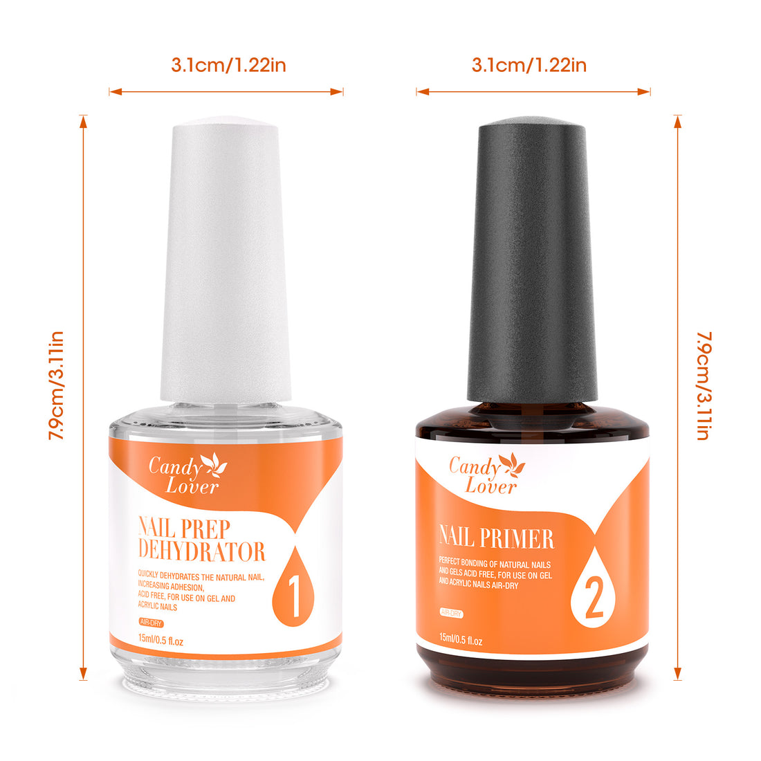 Candy Lover Nail Dehydrator and Primer Set, 15ML Hema-free Air Dry Nails Prep Dehydrate & Acid-free Bond Primer System Kit for Long Lasting Gel Nail Polish Acrylic Press-ons Nail Art Supplies