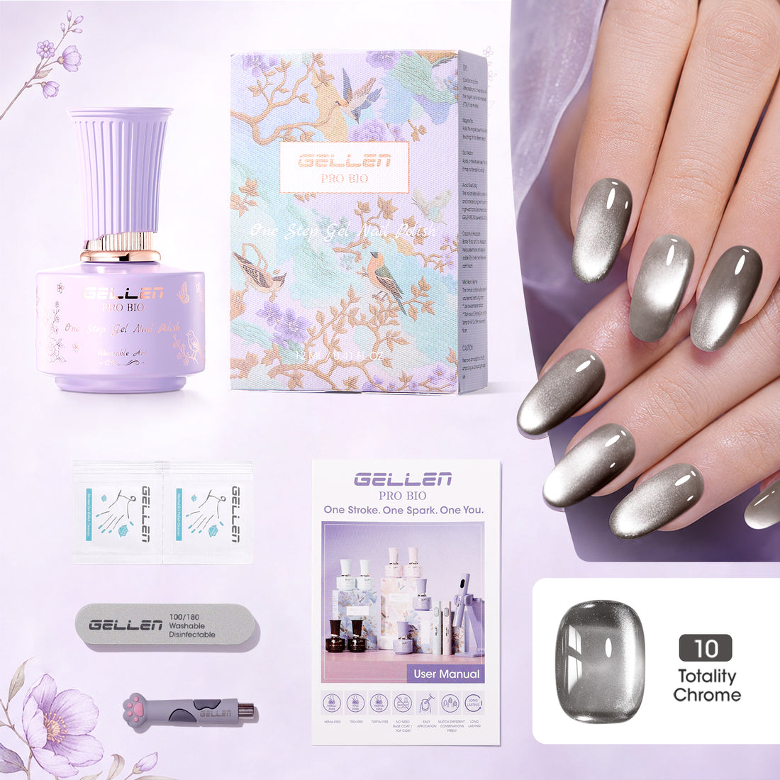 Gellen One Step Cat Eye Gel Nail Polish, 5-in-1 Magnetic Gel Polish Set, UV Lamp Needed Cured, No Base Top Needed, DIY Manicure for Women Beginners, 10 Mirror Silver Chrome