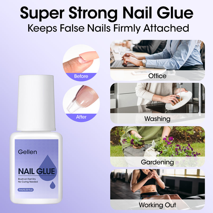 Gellen Nail Glue for Press on Nails with Nail Glue Remover, Air Dry Nail Glue and Acrylic Nail Glue Remover Set for Fake Nail Tips, 0.23 fl oz Each