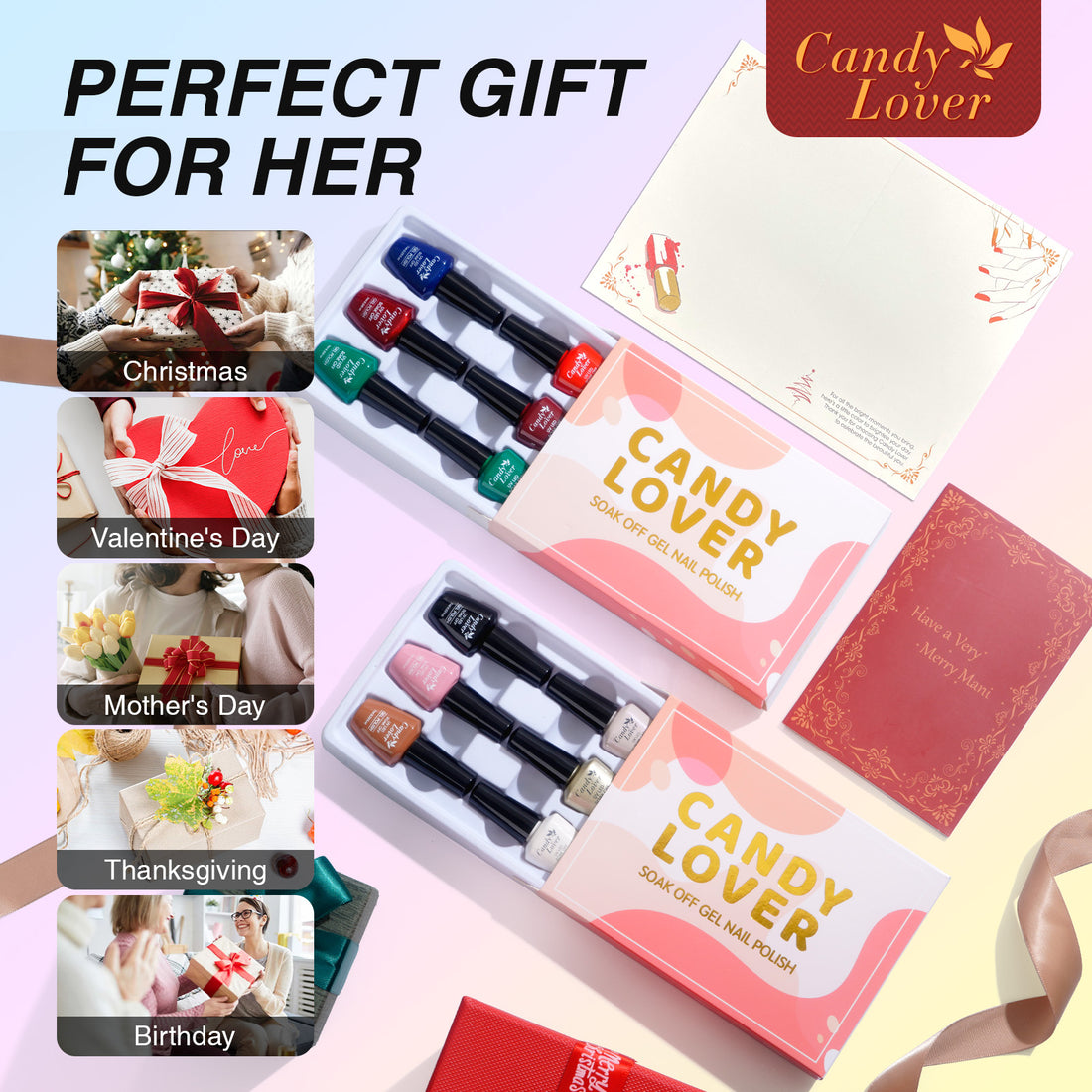 Candy Lover Gel Nail Polish Kit, 12 Colors Christmas Collection Nail Gel Kit with Greeting Card & 72W UV Nail Lamp, Salon Quality Long-lasting Gel Polish Set, Gift for Girl Women DIY Manicure