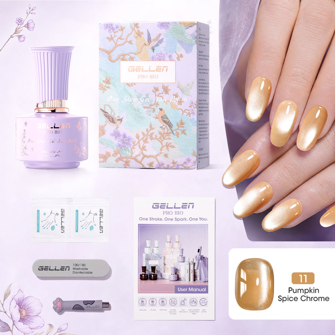 Gellen One Step Cat Eye Gel Nail Polish, 5-in-1 Magnetic Gel Polish Set, UV Lamp Needed Cured, No Base Top Needed, DIY Manicure for Women Beginners, 11 Warm Caramel Gold