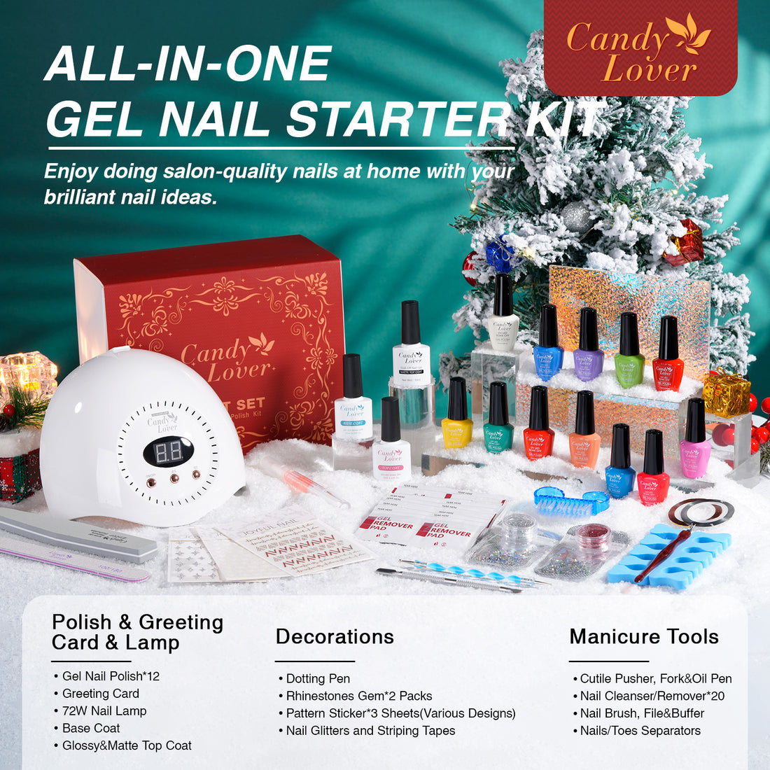 Candy Lover Gel Nail Polish Kit, 12 Colors Rainbow Collection Nail Gel Kit with Greeting Card & 72W UV Nail Lamp, Salon Quality Long-lasting Gel Polish Set, Gift for Girl Women DIY Manicure