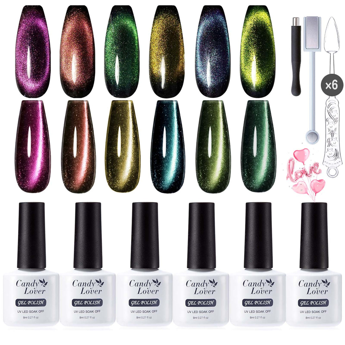 Candy Lover 9D Cat Eye Gel Nail Polish Kit, Quick Dry Gel Polish Sparkle Colors with 1 Magnet Wand, Soak Off UV LED Nail Polish Manicure Gift