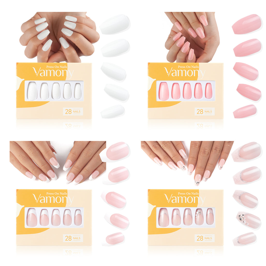 Vamony Short Coffin Press on Nails, 112 Pcs Fake Nail Tips Kit with Adhesive Tabs, Mani Sticks and Files, 4×28 Count White Pink French False Nails Gift for Girls Women