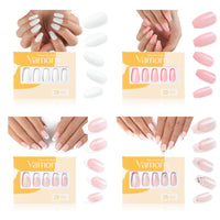 Vamony Short Coffin Press on Nails, 112 Pcs Fake Nail Tips Kit with Adhesive Tabs, Mani Sticks and Files, 4×28 Count White Pink French False Nails Gift for Girls Women