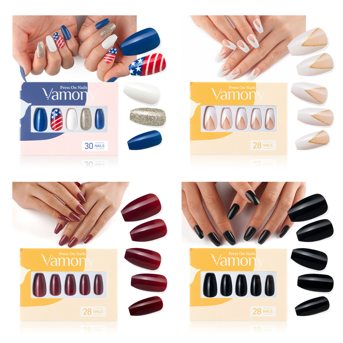 Vamony Short Coffin Press on Nails, 112 Pcs Fake Nail Tips Kit with Adhesive Tabs, Mani Sticks and Files, 4×28 Count Blue White French False Nails Gift for Girls Women