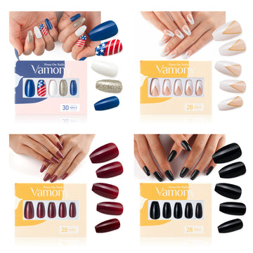 Vamony Short Coffin Press on Nails, 112 Pcs Fake Nail Tips Kit with Adhesive Tabs, Mani Sticks and Files, 4×28 Count Blue White French False Nails Gift for Girls Women