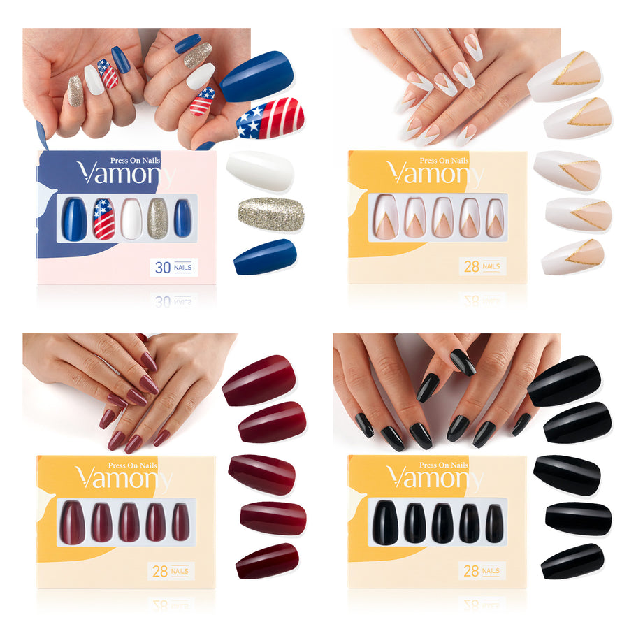 Vamony Short Coffin Press on Nails, 112 Pcs Fake Nail Tips Kit with Adhesive Tabs, Mani Sticks and Files, 4×28 Count Blue White French False Nails Gift for Girls Women