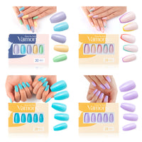 Vamony Short Coffin Press on Nails, 112 Pcs Fake Nail Tips Kit with Adhesive Tabs, Mani Sticks and Files, 4×28 Count Macaron French False Nails Gift for Girls Women