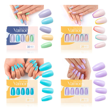Vamony Short Coffin Press on Nails, 112 Pcs Fake Nail Tips Kit with Adhesive Tabs, Mani Sticks and Files, 4×28 Count Macaron French False Nails Gift for Girls Women