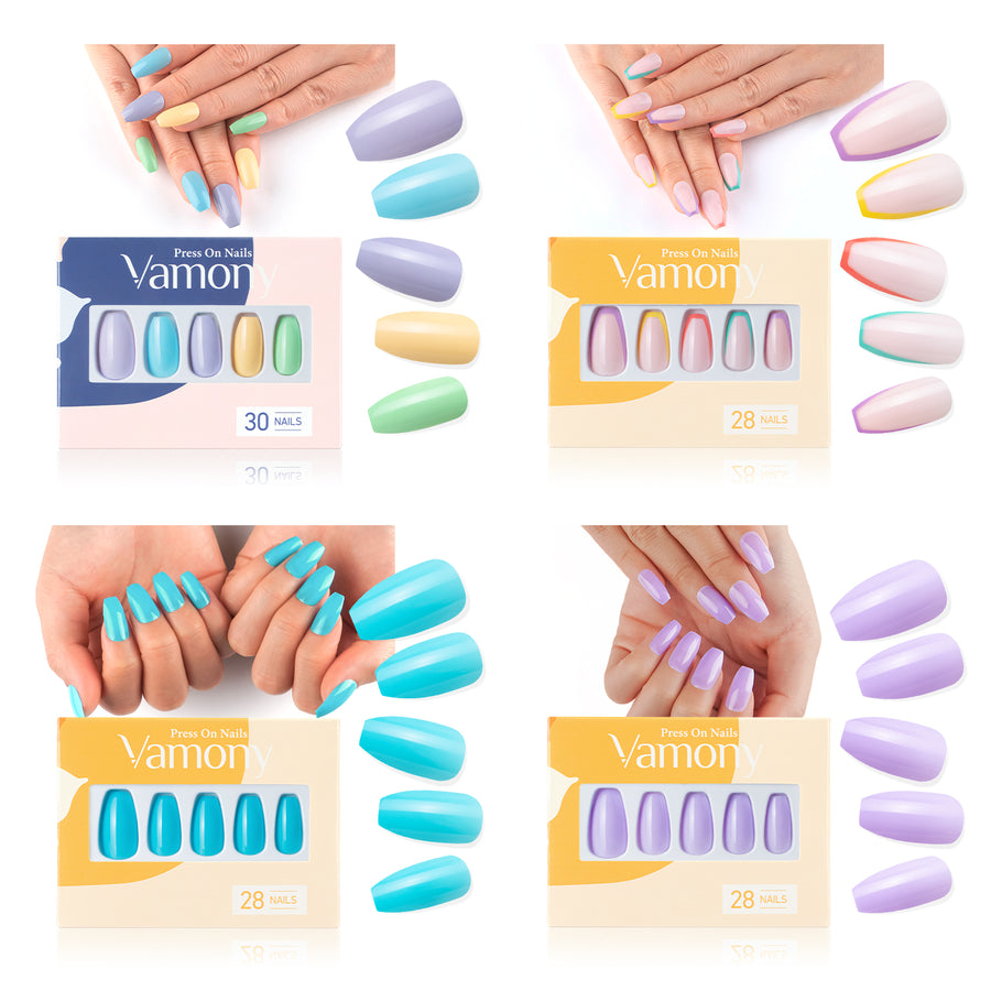 Vamony Short Coffin Press on Nails, 112 Pcs Fake Nail Tips Kit with Adhesive Tabs, Mani Sticks and Files, 4×28 Count Macaron French False Nails Gift for Girls Women
