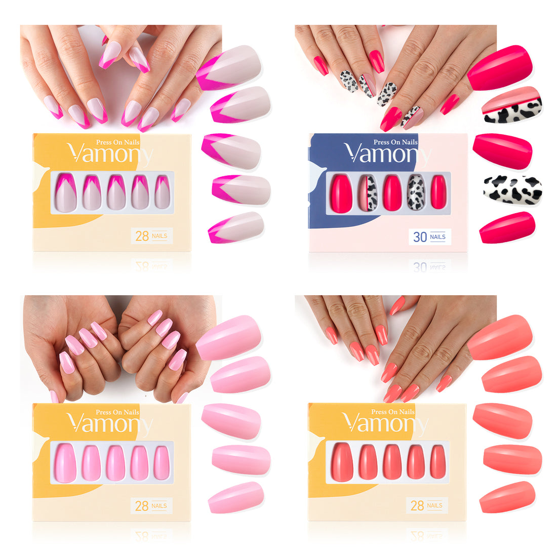 Vamony Short Coffin Press on Nails, 112 Pcs Fake Nail Tips Kit with Adhesive Tabs, Mani Sticks and Files, 4×28 Count Purple Pink French False Nails Gift for Girls Women