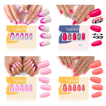 Vamony Short Coffin Press on Nails, 112 Pcs Fake Nail Tips Kit with Adhesive Tabs, Mani Sticks and Files, 4×28 Count Purple Pink French False Nails Gift for Girls Women