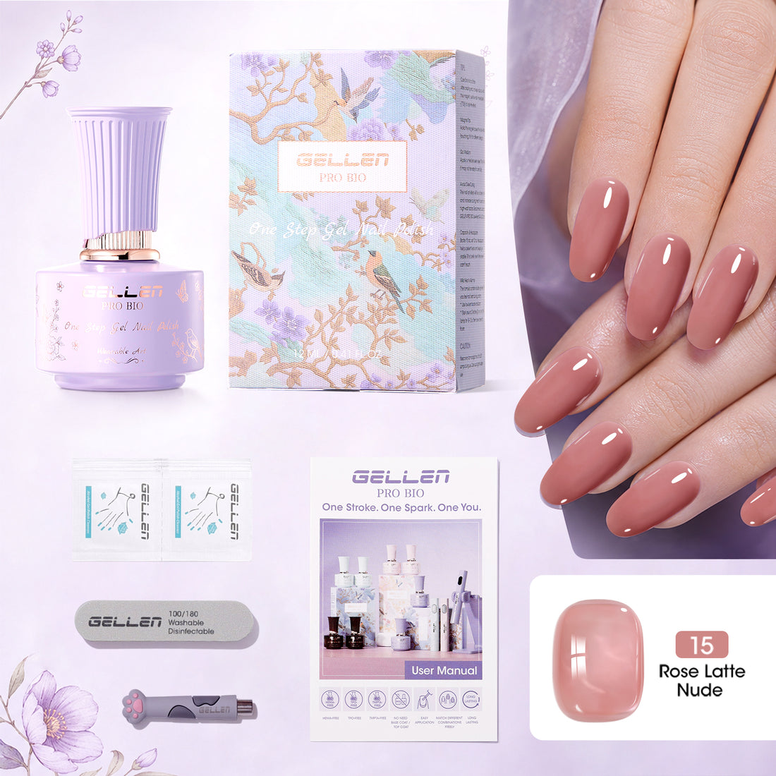 Gellen One Step Cat Eye Gel Nail Polish, 5-in-1 Magnetic Gel Polish Set, UV Lamp Needed Cured, No Base Top Needed, DIY Manicure for Women Beginners, 15 Sheer Rose Latte Nude