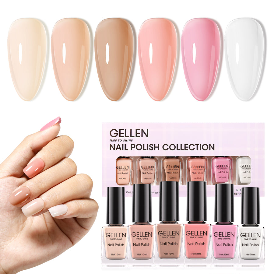 Gellen 6Colors Nail Polish Set, Quick Air Dry Nail Polish French Style Jelly Trendy Nail Polish Kit for Nail Manicure DIY Art Home, No UV Light Needed, 0.33 oz